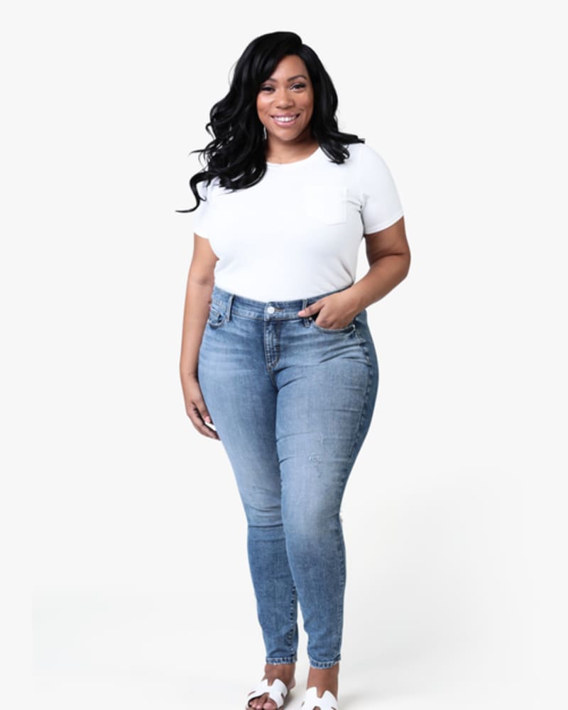 Front of a model wearing a size 12 Gianna Mid-Rise Skinny Jean in LANA by Slink Jeans. | dia_product_style_image_id:256239
